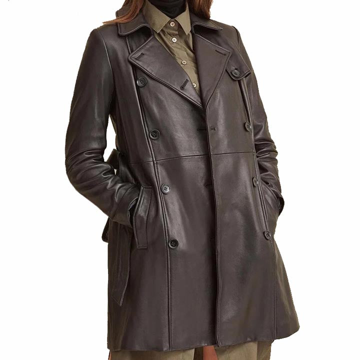 Women's Belted Style Double Breasted Black Leather Trench Coat