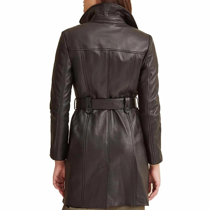Women's Belted Style Double Breasted Black Leather Trench Coat