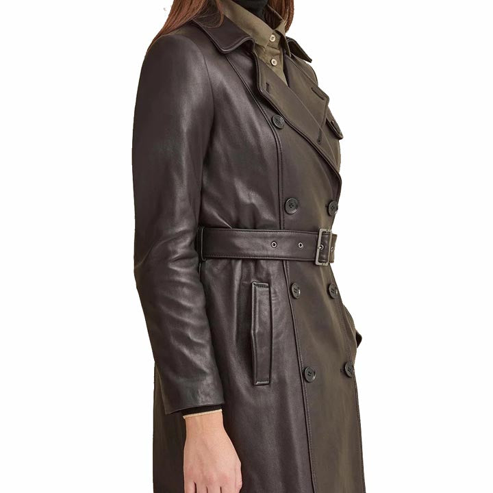 Women's Belted Style Double Breasted Black Leather Trench Coat