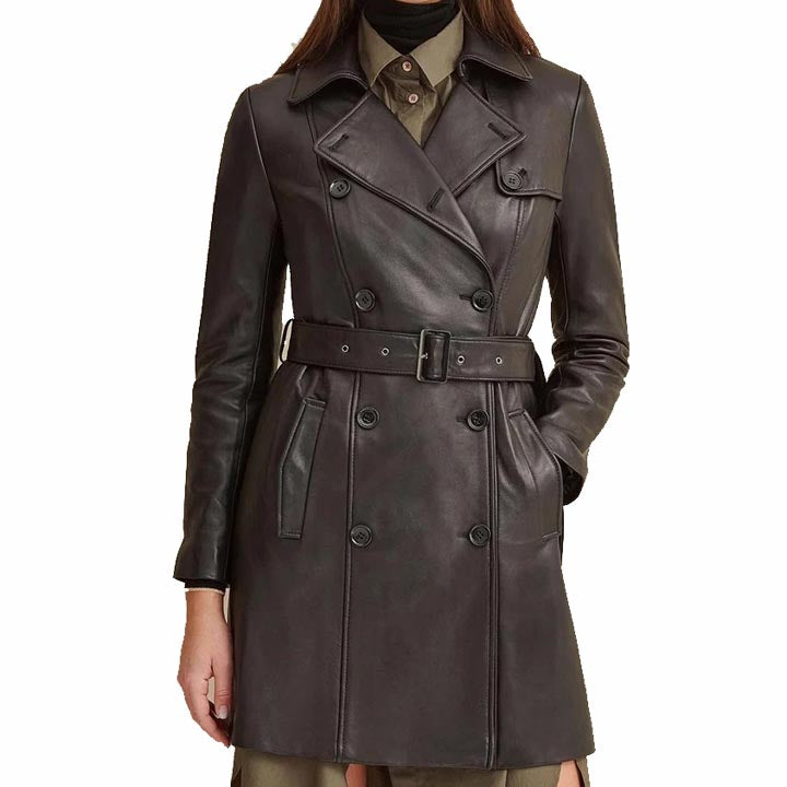 Women's Belted Style Double Breasted Black Leather Trench Coat