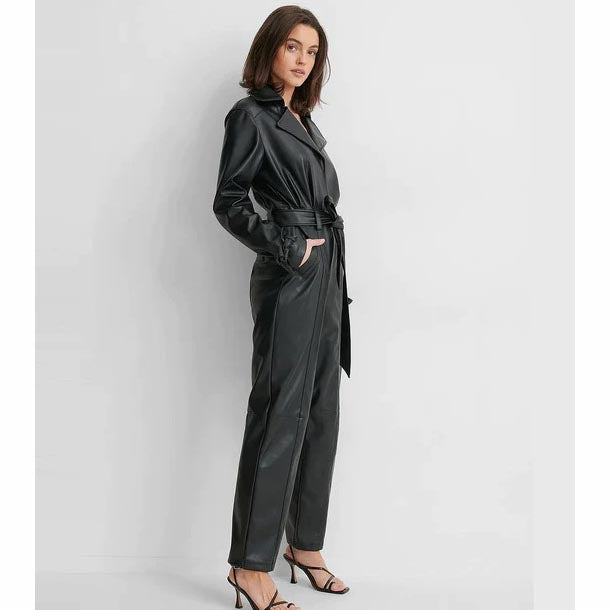 Women's Black Genuine Lambskin Leather Jumpsuit