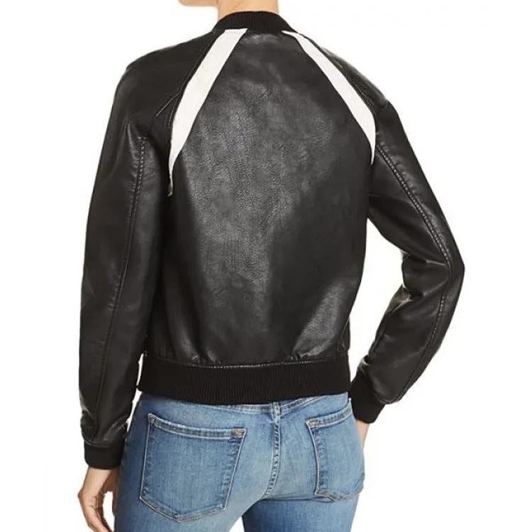 Women's Black Leather Bomber Jacket with Baseball Collar