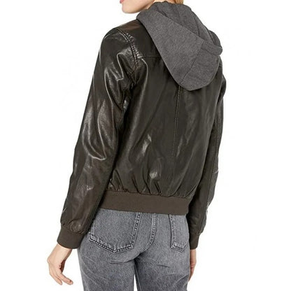 Women's Black Leather Bomber Jacket with Hood