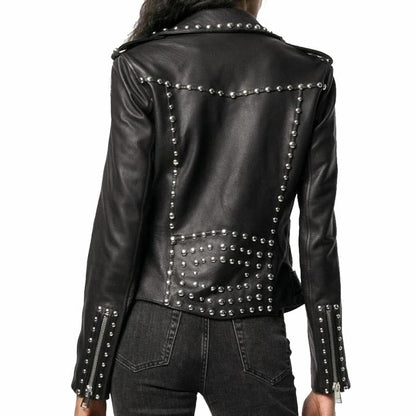 Women's Black Leather Brando Jacket with Silver Studs