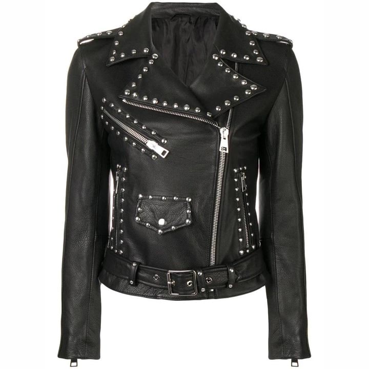 Women's Black Leather Brando Jacket with Silver Studs