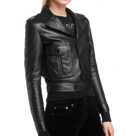 Women's Black Leather Motorcycle Jacket With Button Front