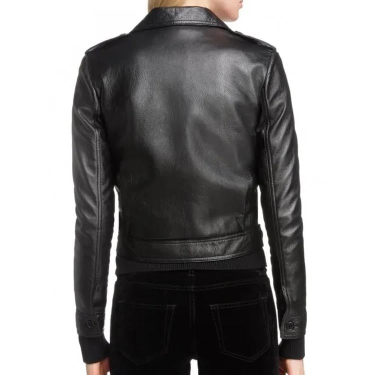 Women's Black Leather Motorcycle Jacket With Button Front