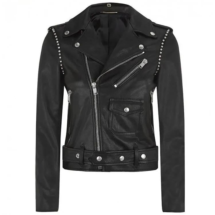 Women's Black Leather Motorcycle Jacket with Studs