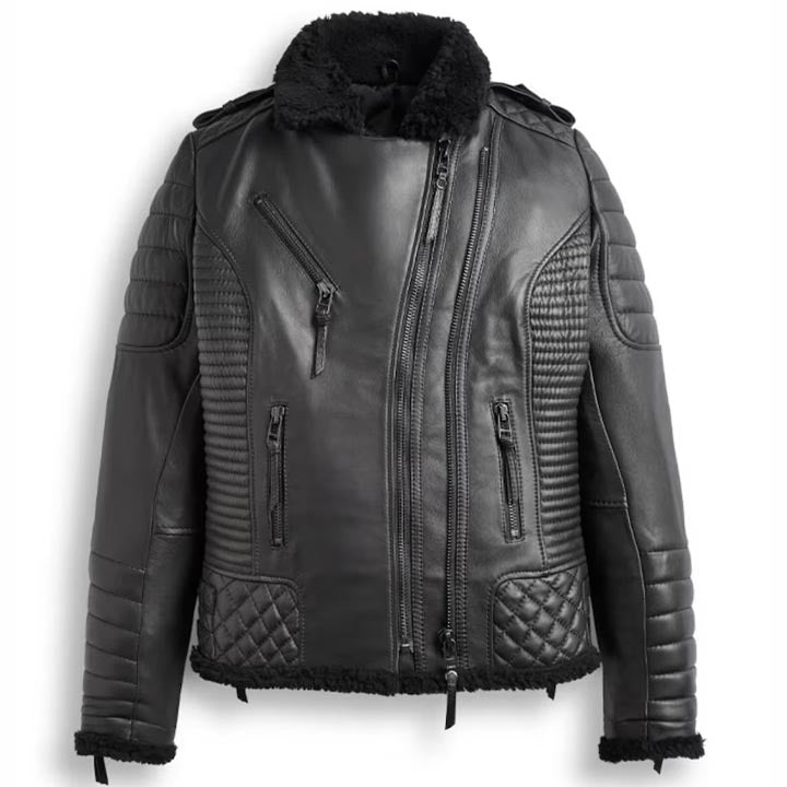 Women’s Black Leather Shearling Biker Jacket