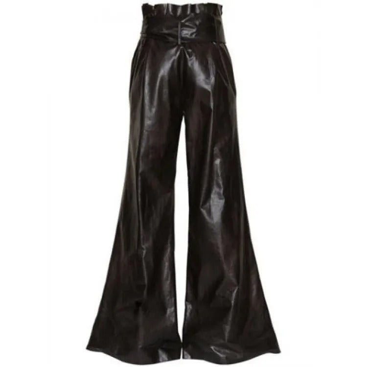 Women's Black Leather Wide Leg Trousers in Vintage Style