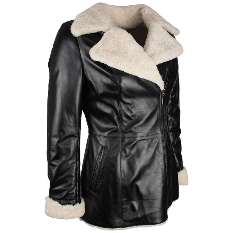 Women's Black Shearling Lambskin Leather Trench Overcoat