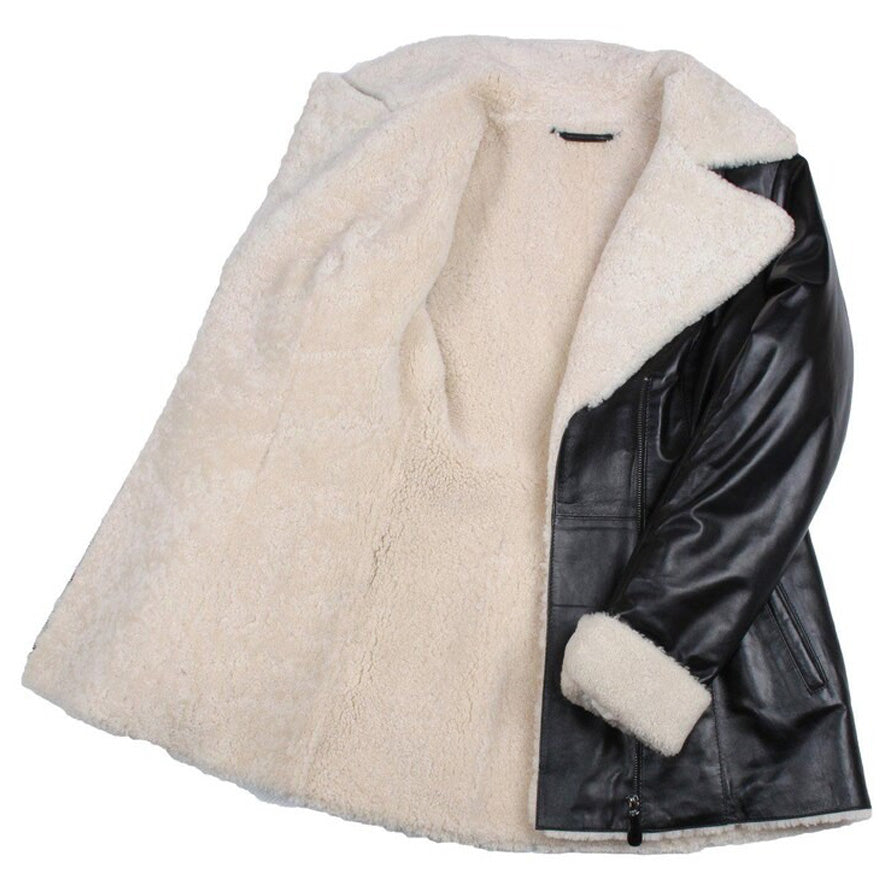 Women's Black Shearling Lambskin Leather Trench Overcoat