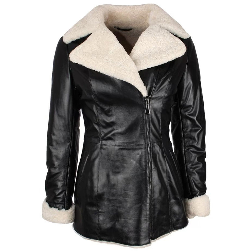 Women's Black Shearling Lambskin Leather Trench Overcoat