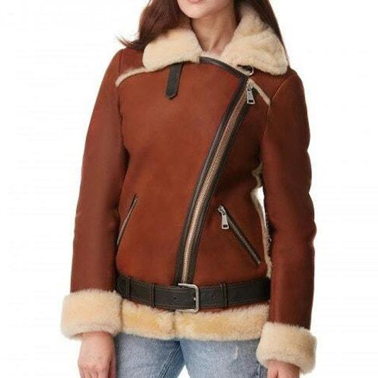 Women's Brown B3 Bomber Shearling Fur Leather Jacket