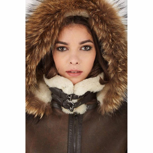 Women's Brown B3 Shearling Bomber Jacket With Raccoon Fur Hood