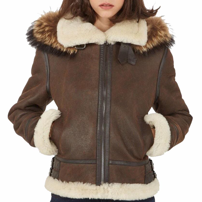 Women's Brown B3 Shearling Bomber Jacket With Raccoon Fur Hood
