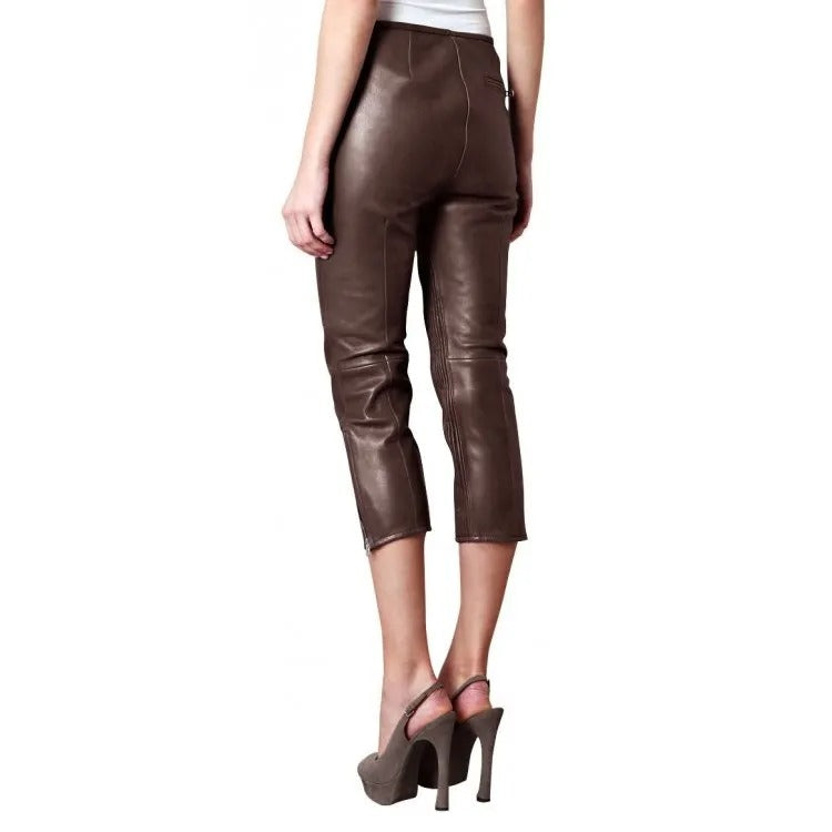 Women's Brown Lambskin Leather Capri