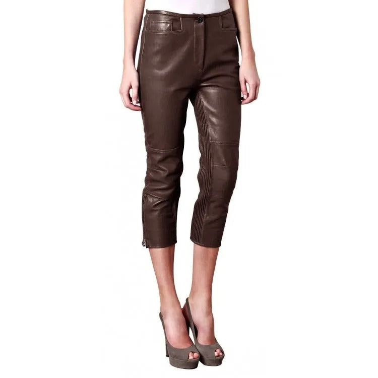 Women's Brown Lambskin Leather Capri