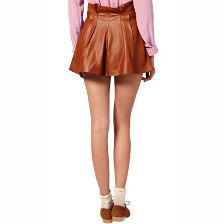 Women's Camel Belted Genuine Leather Shorts