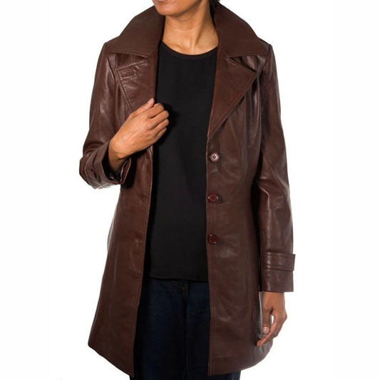 Women's Chocolate Brown Genuine Leather Trench Coat