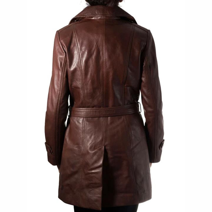Women's Chocolate Brown Genuine Leather Trench Coat