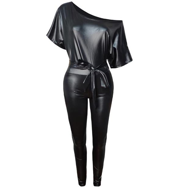 Women's Fashion Off Shoulder Leather Bodysuit Jumpsuit