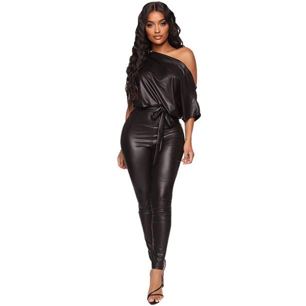 Women's Fashion Off Shoulder Leather Bodysuit Jumpsuit