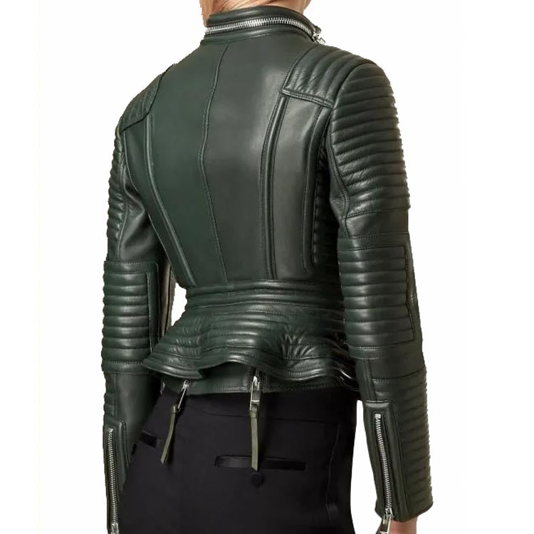 Women's Green Leather Biker Jacket with Peplum Waist