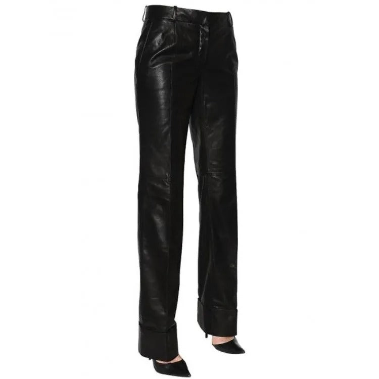 Women's Long Straight Leg Black Leather Pant