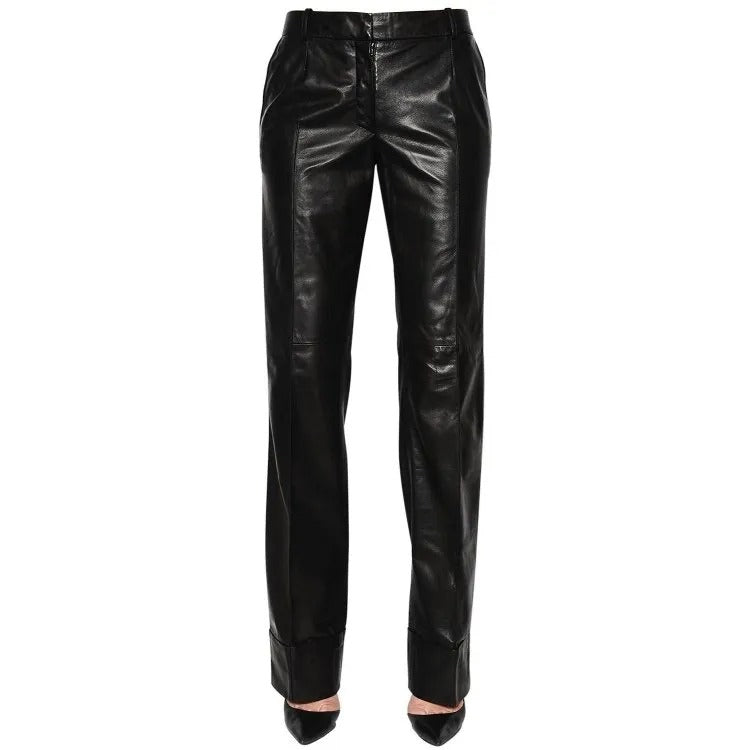 Women's Long Straight Leg Black Leather Pant