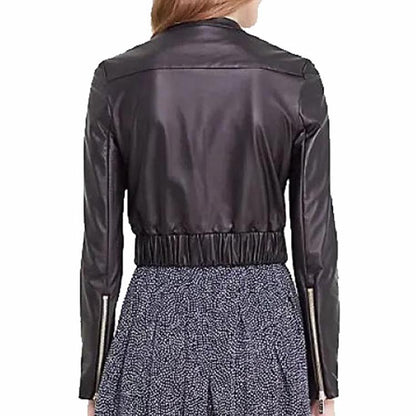 Women's Luxurious Black Leather Short Bomber Jacket