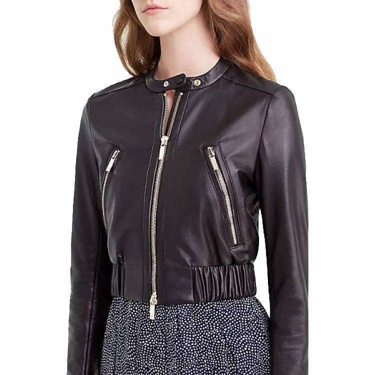 Women's Luxurious Black Leather Short Bomber Jacket