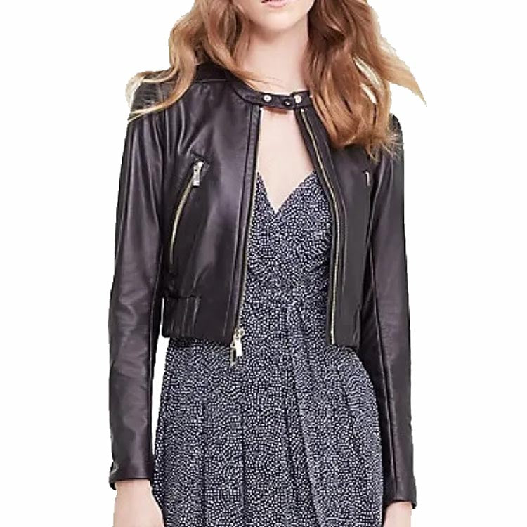 Women's Luxurious Black Leather Short Bomber Jacket