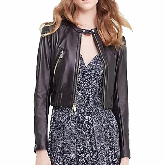 Women's Luxurious Black Leather Short Bomber Jacket Women's Luxurious Black Leather Short Bomber Jacket