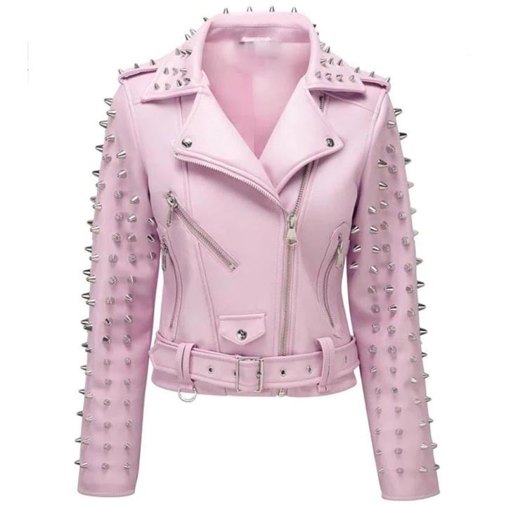 Women's Pink Leather Jacket with Studs