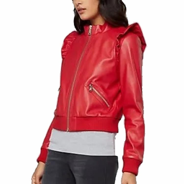 Women's Red Leather Bomber Jacket