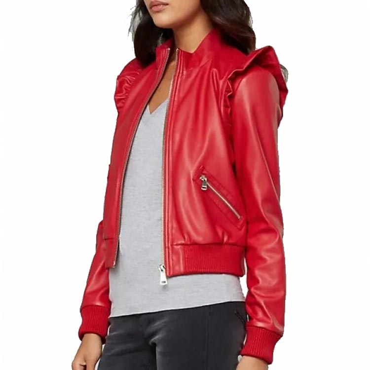 Women's Red Leather Bomber Jacket