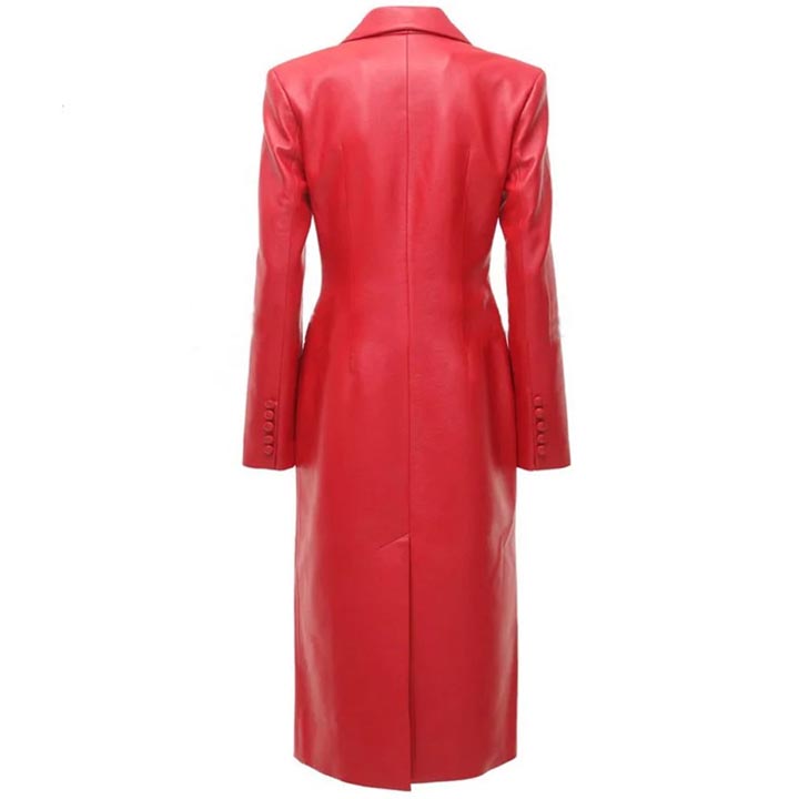 Women's Red Leather Button-Up Steampunk Trench Coat