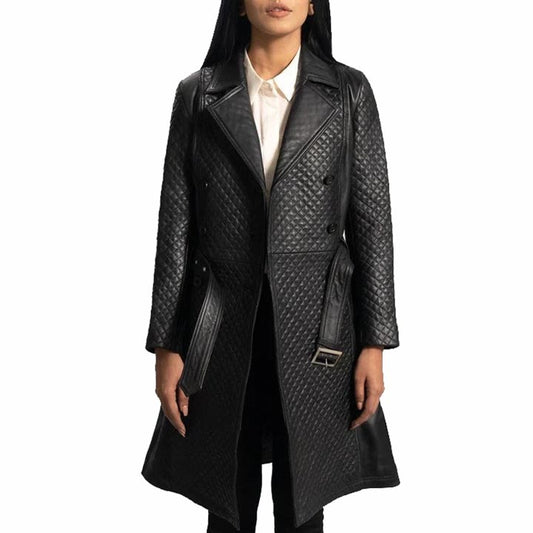 Women's Stylish Black Leather Quilted Trench Coat