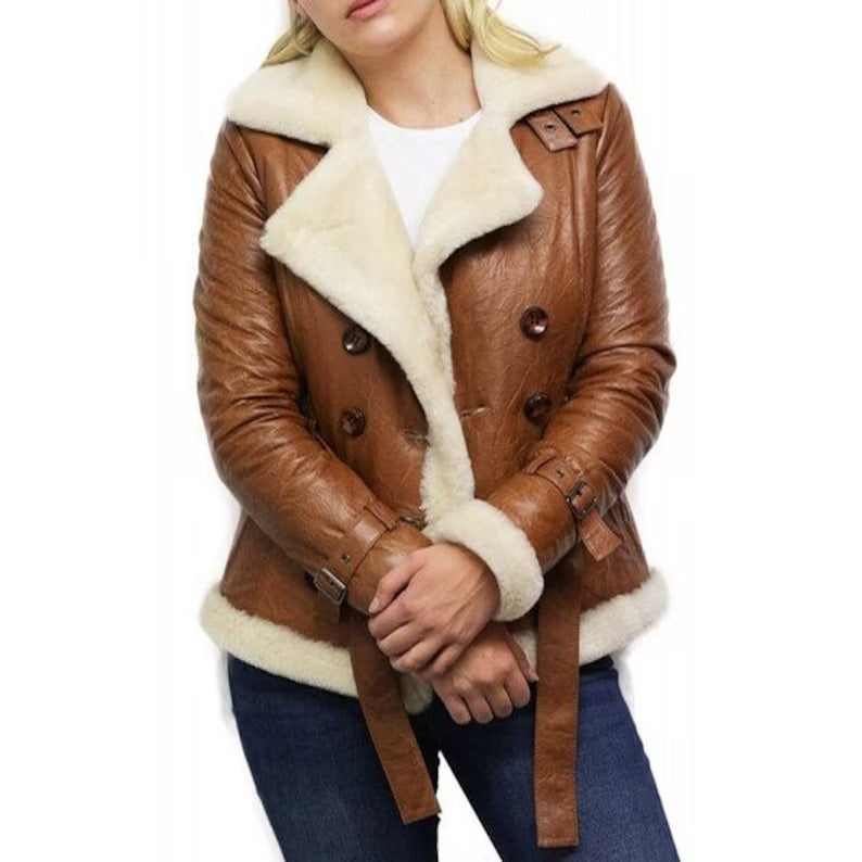Women's Tan B3 Shearling Bomber Jacket Sheepskin Aviator Flying Jacket