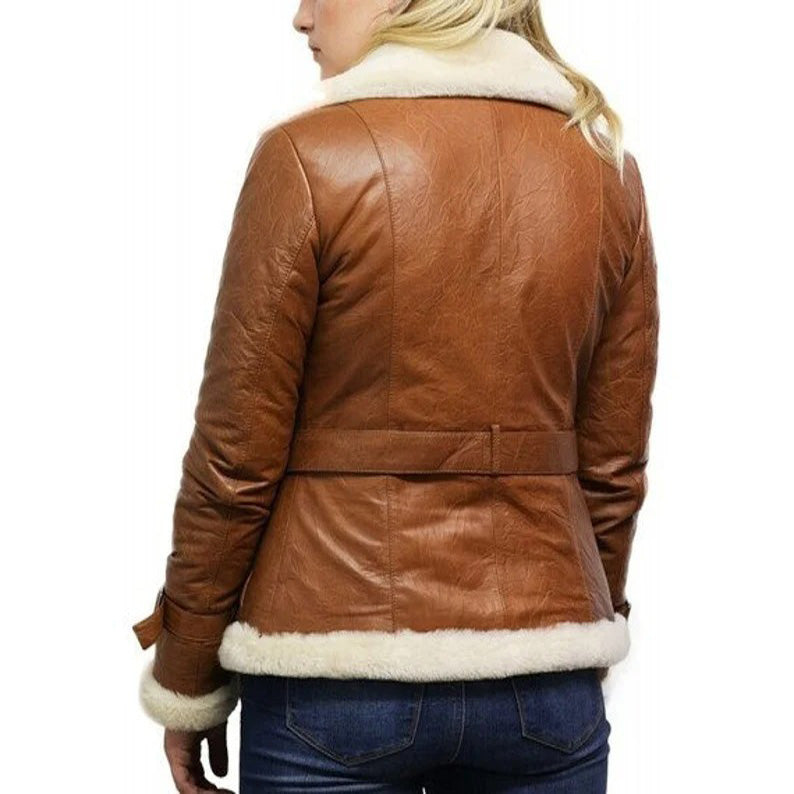 Women's Tan B3 Shearling Bomber Jacket Sheepskin Aviator Flying Jacket