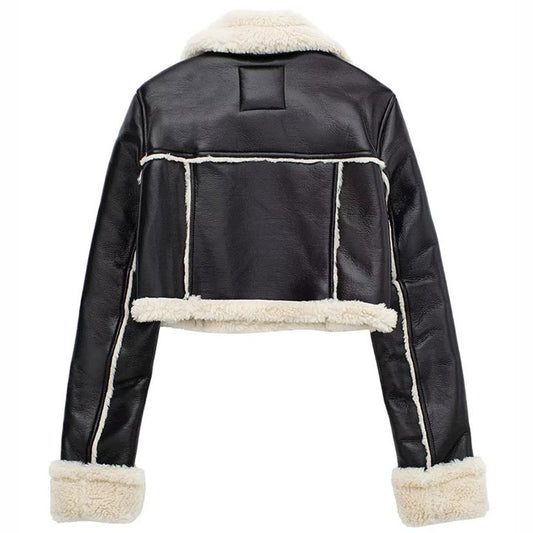 Women's Vintage Black Shearling Cropped Jacket Coat