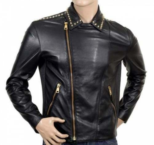 Men Golden Studded Zipper Fashion Leather Jacket Men Golden Studded Zipper Fashion Leather Jacket