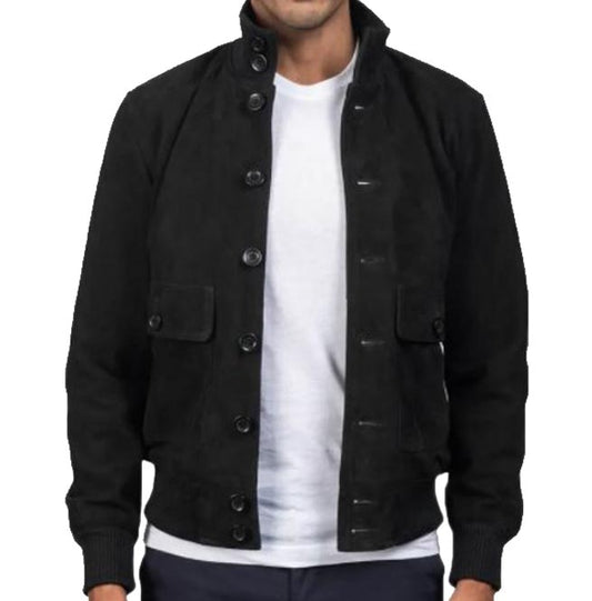 Men Black Suede Leather Bomber Jacket Men Black Suede Leather Bomber Jacket