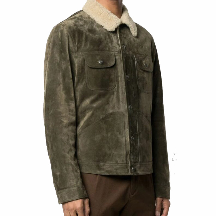 Men's Distressed Green Leather Trucker Jacket