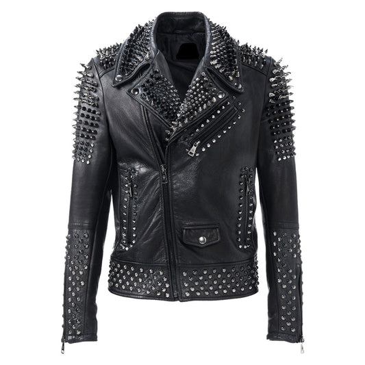 Men Black Silver Studded Brando Biker Jacket Men Black Silver Studded Brando Biker Jacket