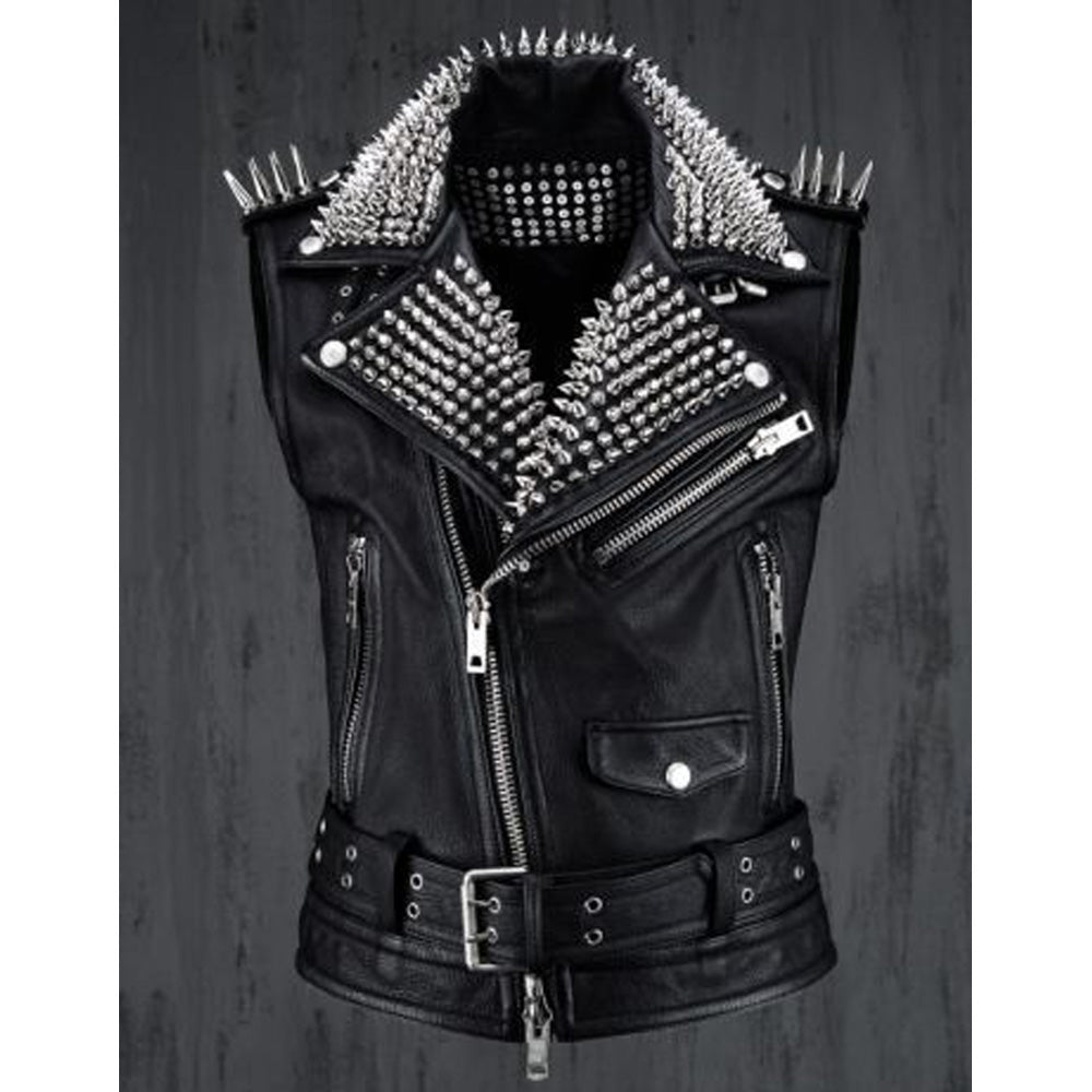 Men Silver Studded Leather Vest Party Wear Winter Summer