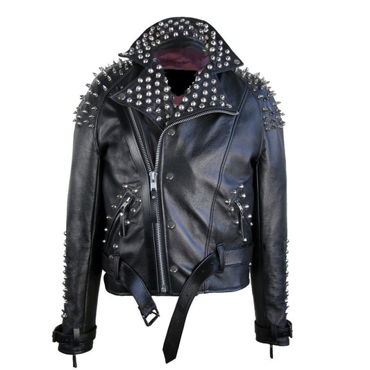 Men Classic Black Half Spiked Studded Zip Up Leather Jacket Men Classic Black Half Spiked Studded Zip Up Leather Jacket