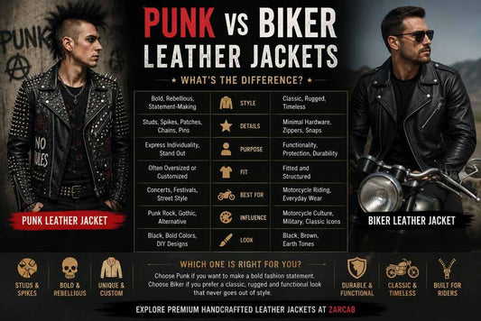 Punk vs biker leather jackets comparison showing differences in style, studs, fit, and motorcycle design.