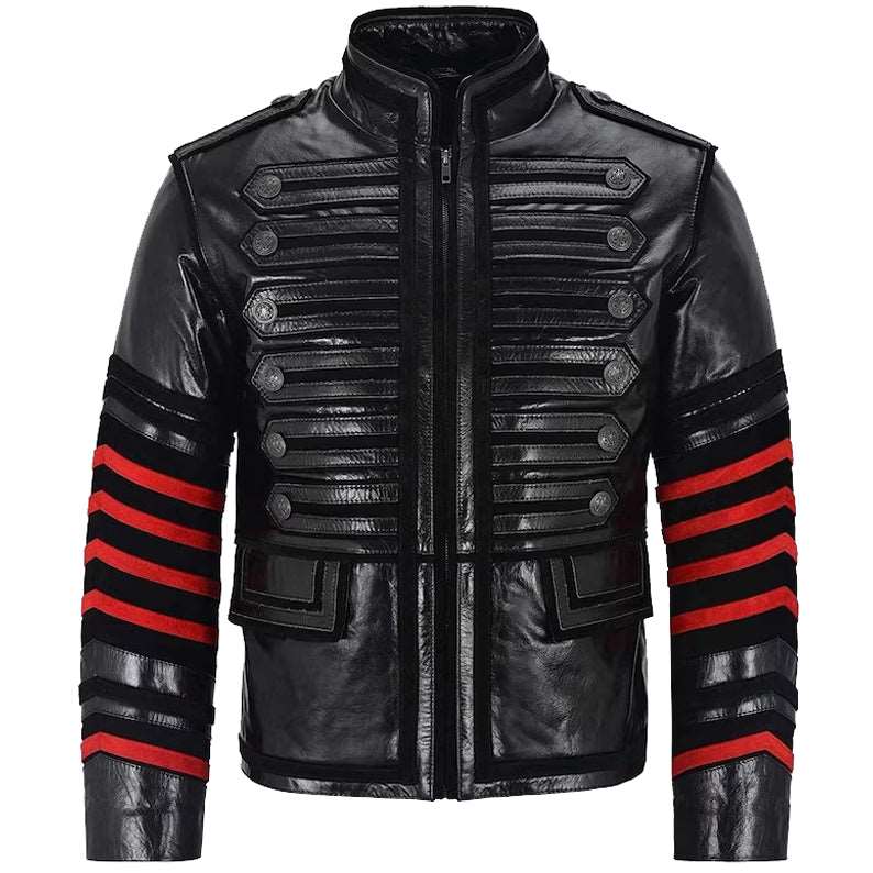 Men's black gothic military style leather jacket with stand collar, featured in a gothic jacket buying guide